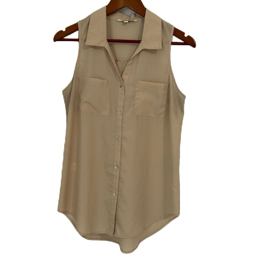 Daniel Rainn Top Women S Tan Button Up Tunic Hi Lo Pockets Preppy Casual Office